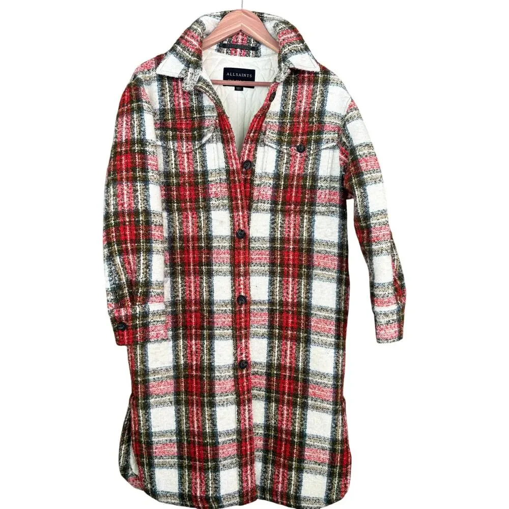 AllSaints Nia Wool Plaid Coat S 6 Red Western Grunge Quilted 90s Y2K All Saints